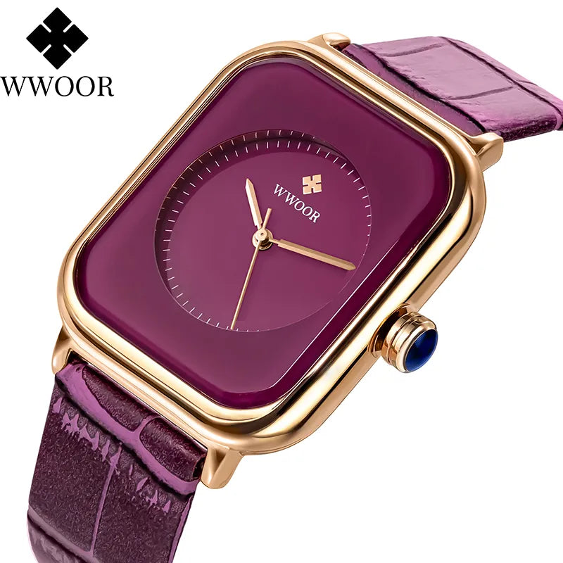 Reloj Mujer WWOOR New Fashion Purple Women Watches Casual Analog Quartz Clock Ladies Luxury Dress Leather Waterproof Wrist Watch