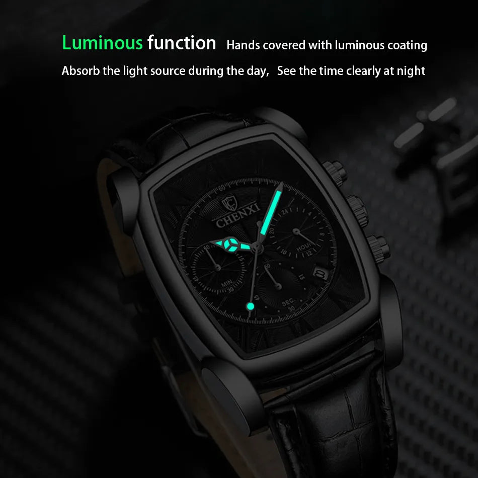 Top Brand Casual Fashion Watches Men Rectangle Big Dial Chronograph Leather Band Business Dress Male Wristwatch Outdoor Sport