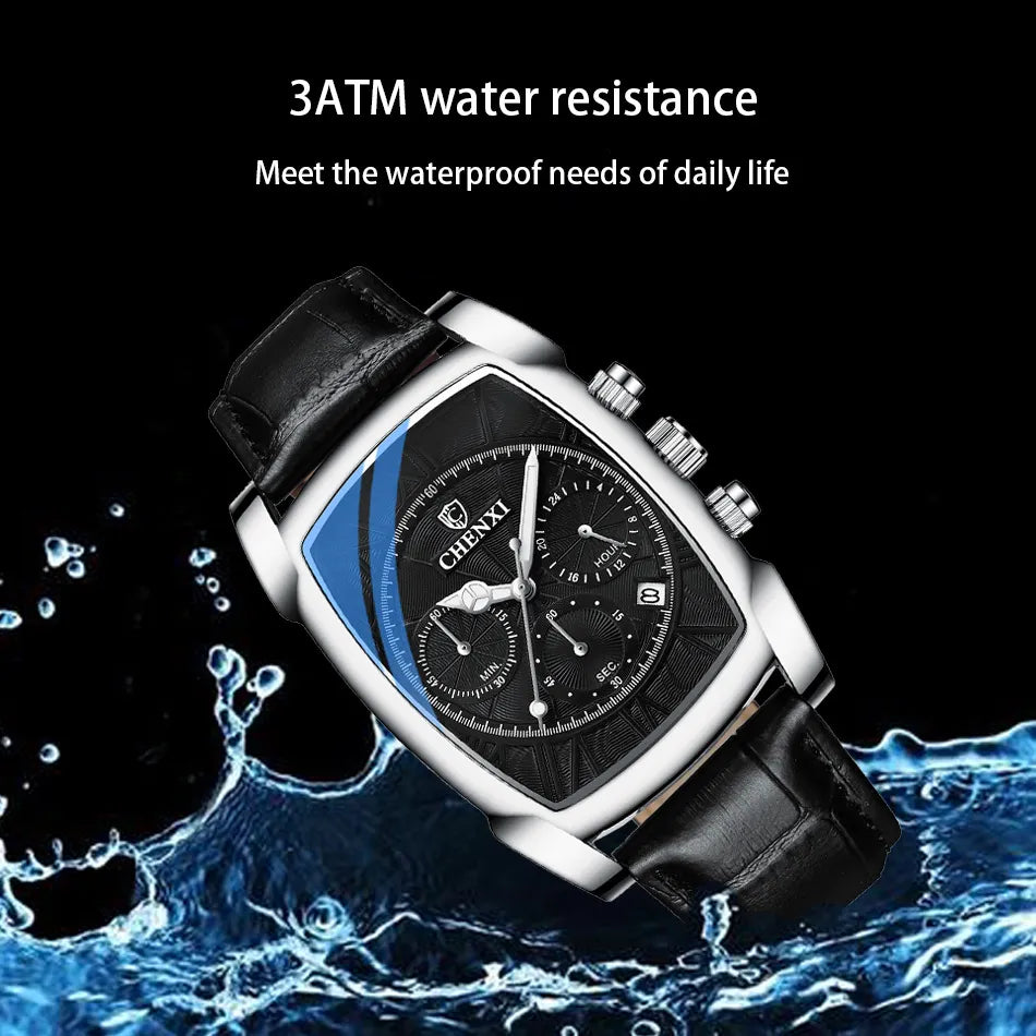 Top Brand Casual Fashion Watches Men Rectangle Big Dial Chronograph Leather Band Business Dress Male Wristwatch Outdoor Sport