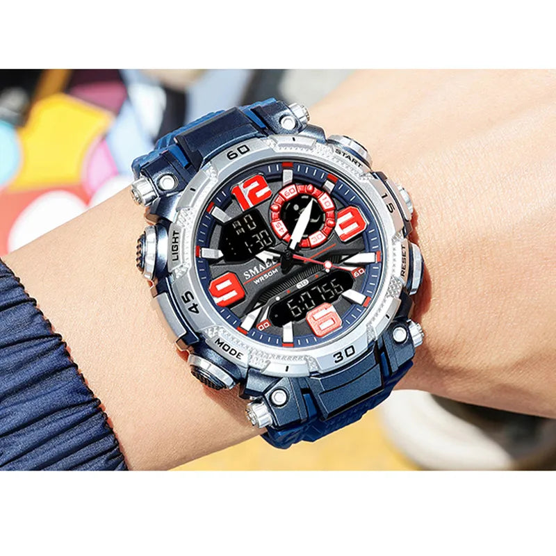 SMAEL Sport Watch Men Quartz Electronic Watches Waterproof 5Bar Dual Time Men's Military Watches Shock Resistant Alarm Clock