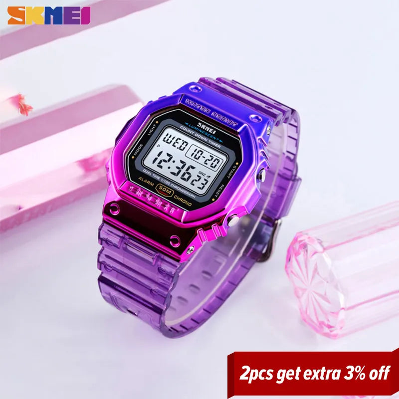 SKMEI Sport Girls Watches Electroplated Case Transparent Strap Women Digital Wristwatch Shockproof 50M waterproof reloj mujer