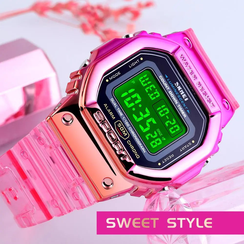 SKMEI Sport Girls Watches Electroplated Case Transparent Strap Women Digital Wristwatch Shockproof 50M waterproof reloj mujer