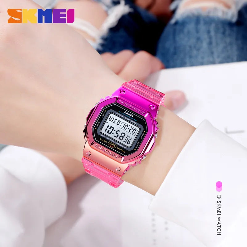 SKMEI Sport Girls Watches Electroplated Case Transparent Strap Women Digital Wristwatch Shockproof 50M waterproof reloj mujer