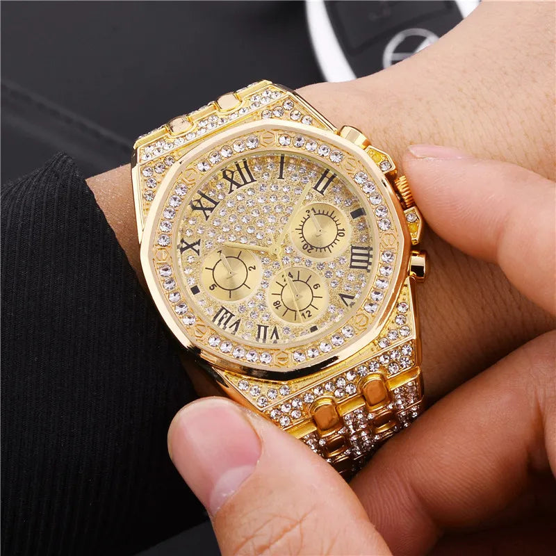 Men Iced Out Watches Luxury Full Diamond Gold Stainless Steel Quartz Wristwatches Clock Gift Relogio Masculino