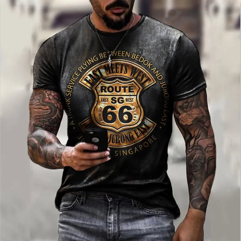 Summer New 66 Route Men T-Shirt Fashion O-Neck Casual Short Sleeve Oversized T-Shirt Punk Style Male Clothes Casual Trend Tops