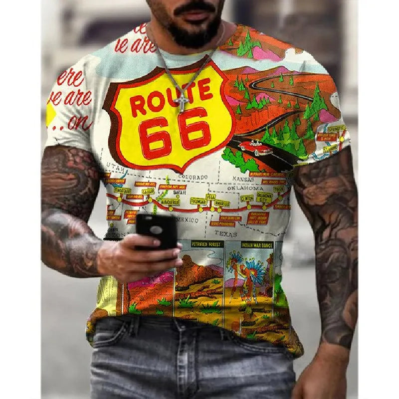 Summer New 66 Route Men T-Shirt Fashion O-Neck Casual Short Sleeve Oversized T-Shirt Punk Style Male Clothes Casual Trend Tops