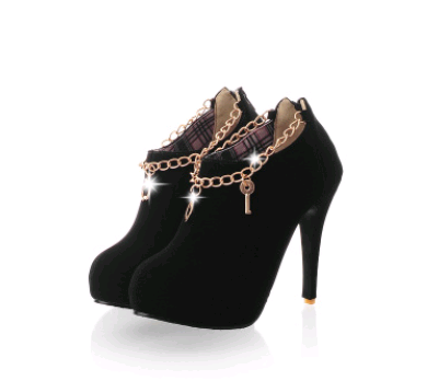 Color: Black, Size: 39 - Elegant waterproof platform metal chain ring neck high heel and ankle boots women's boots