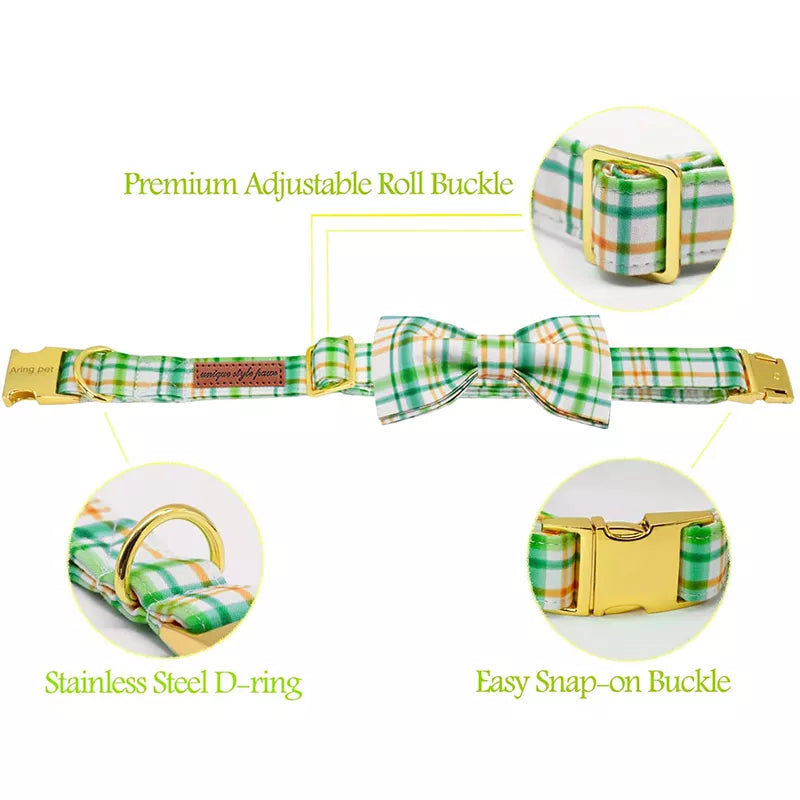 Personalized Unique Style Paws Summer Dog Collar Green Plaid Dog Collar with Bow Cotton Dog Collar for Large Medium Small Dog