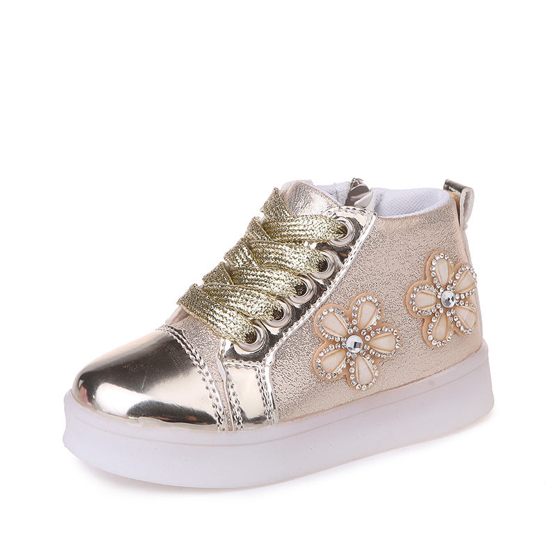 Color: Gold, Size: 23 - Fashion Casual Light-up Flower Rhinestone Cartoon LED Flashing Shoes