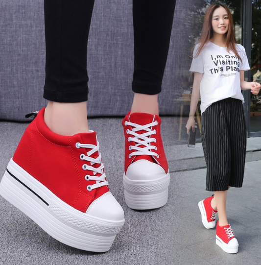 Color: Red, Size: 36-1, style:  - Thick-bottomed platform shoes invisible inside increased casual white shoes with Korean canvas shoes tide