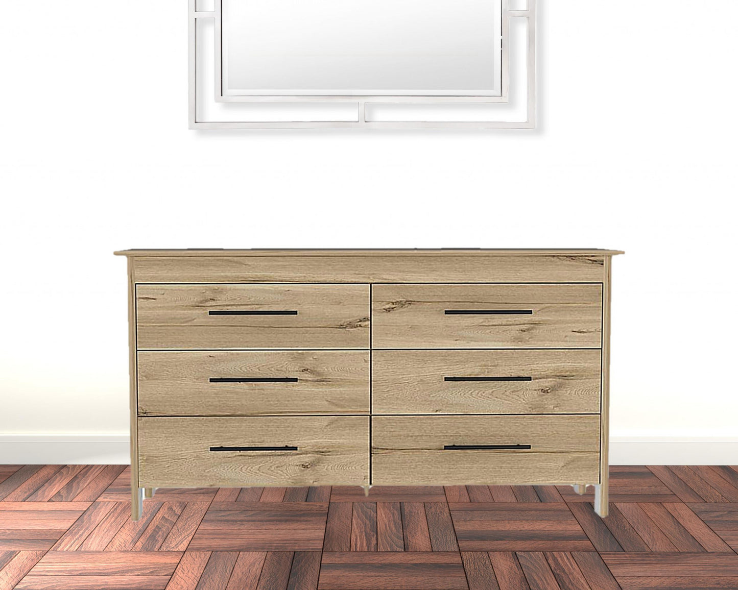 59" Light Oak And White Manufactured Wood Four Drawer Double Dresser
