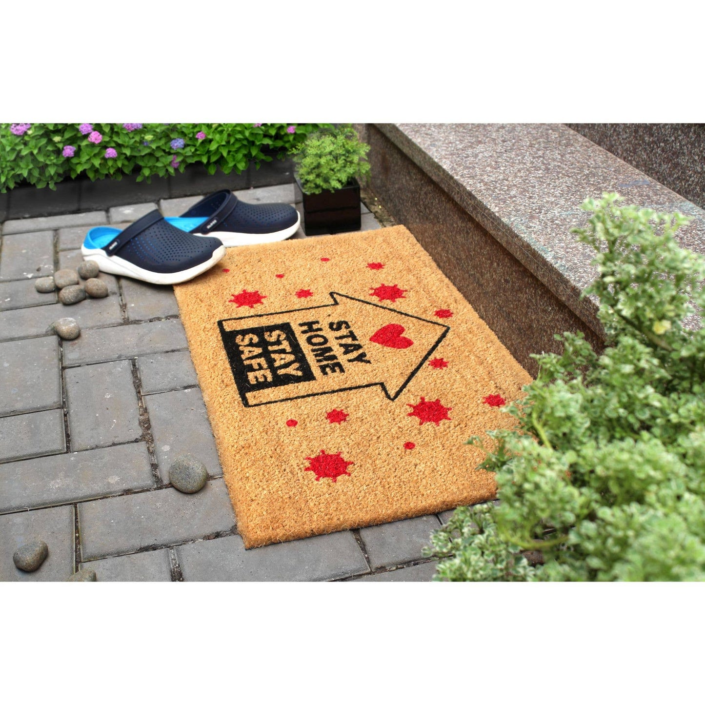 RugSmith Multi Tufted Stay Home, Stay Safe Doormat, 18"x30"Heart