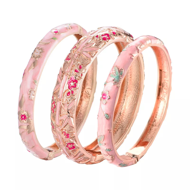 UJOY 3PCS Women's Bracelets Set Bangle On Hand Hinge Enamel Cloisonne Bangles For Women Pink Vintage Birthday Gift For Mother