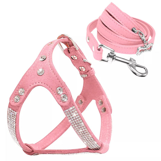 Rhinestone French Bulldog Harness Bling Suede Leather Puppy Dogs Harness Crystal Cat Small Dog Vest S M L for Chihuahua Poodle