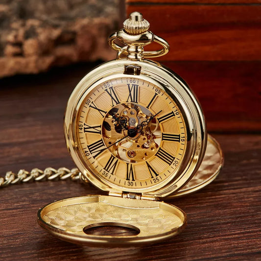 Navidad Christmas Gift Smooth Mechanical Pocket Watch Full Gold Color Men Women Stylish Retro Fob Hand Wind Double Hunter