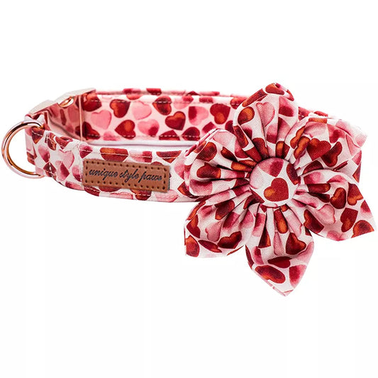 Unique Style Paws Valentine Red Heart Dog Collar with Flower Adjustable Pet Dog Collar for Large Medium Small Dog