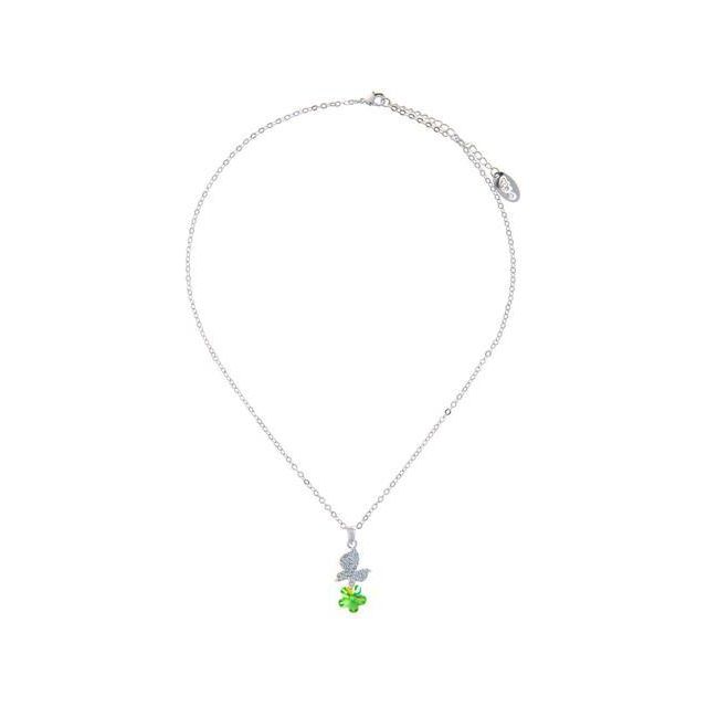 Rhodium Plated Necklace with Butterfly Alighting on a Flower Design with a 16" Extendable Chain and High Quality Olive Green Crystals by Matashi