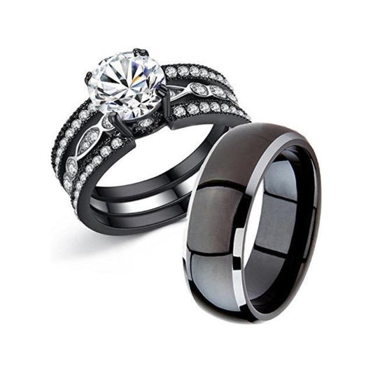mabella couple rings black men's titanium matching band women cz stainless steel engagement wedding sets