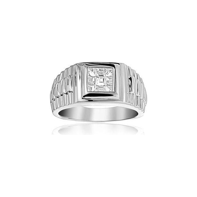 Mens Geometric Square Invisible Cut CZ Grooved Band Style Engagement Ring Pinky Ring For Men 925 Sterling Silver