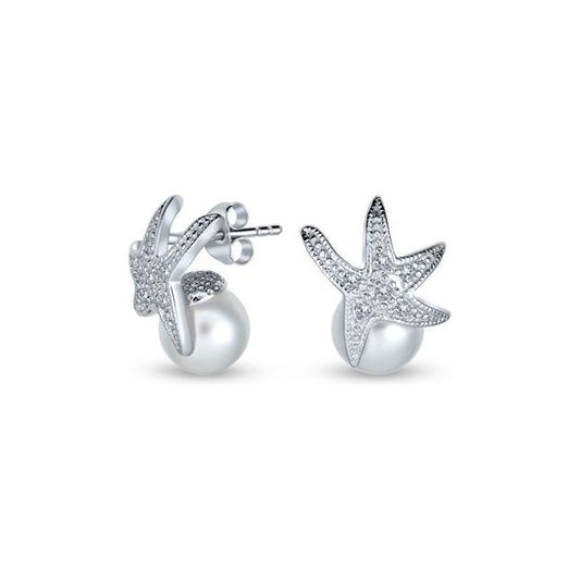 Nautical Bride White Simulated Pearl Pave CZ Starfish Stud Earrings For Women For Prom 925 Sterling Silver