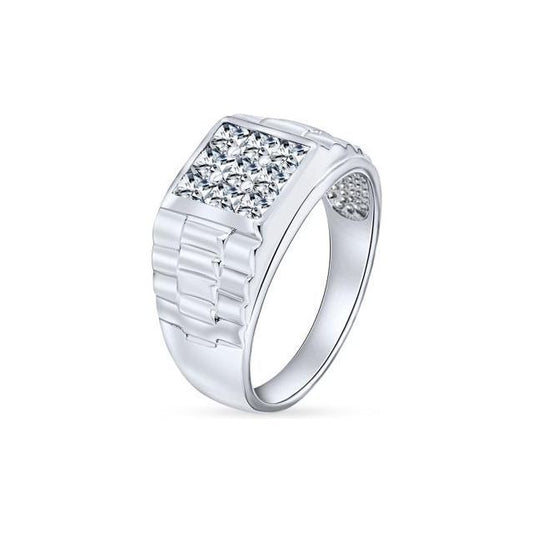 Mens Geometric Square Invisible Cut CZ Grooved Band Style Engagement Ring Pinky Ring For Men 925 Sterling Silver