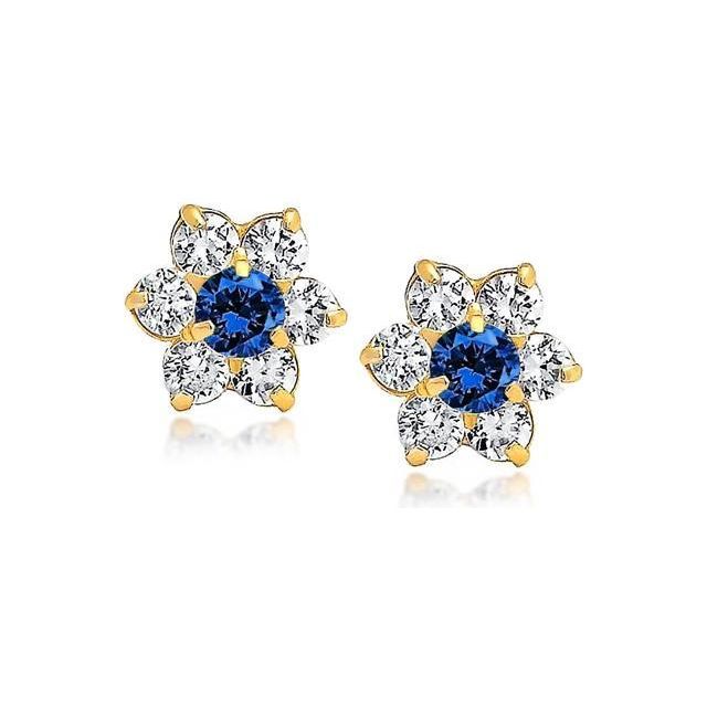 Tiny Royal Blue CZ Flower Stud Earrings For Women For Teen Cubic Zirconia Simulated Sapphire 14K Real Gold Screwback