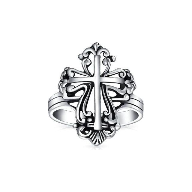 Vintage Style Christian Religious Fleur De Lis Cross Ring For Women For Men Oxidized 925 Sterling Silver