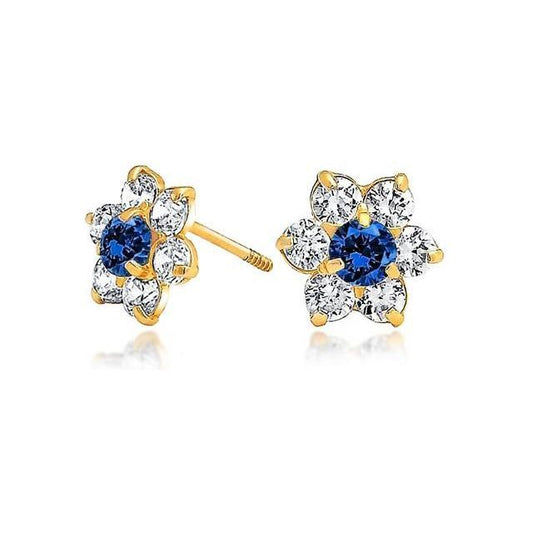 Tiny Royal Blue CZ Flower Stud Earrings For Women For Teen Cubic Zirconia Simulated Sapphire 14K Real Gold Screwback