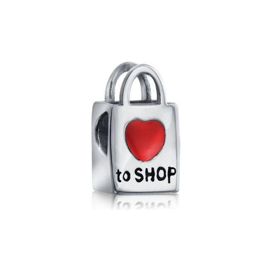 Shopping Bag Heart Love Charm Bead Women Teen Oxidized .925 Sterling Silver Fits European Bracelet