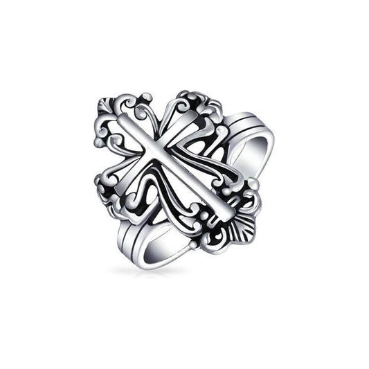 Vintage Style Christian Religious Fleur De Lis Cross Ring For Women For Men Oxidized 925 Sterling Silver