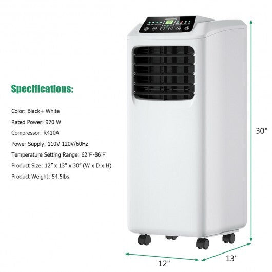 9000 BTU Portable Air Conditioner with Built-in Dehumidifier and Remote Control - Color: Black & White