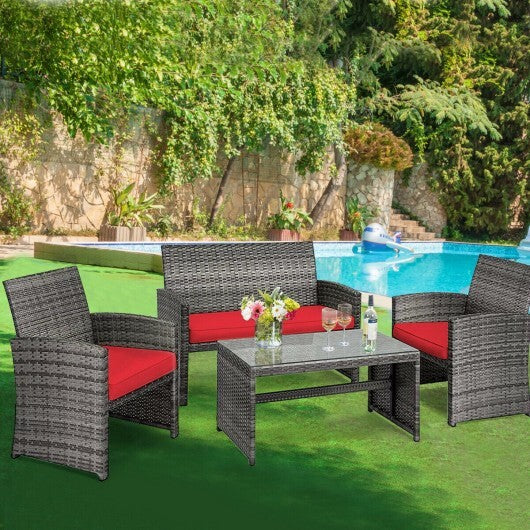 4 Pieces Patio Rattan Furniture Set with Cushions-Red - Color: Red