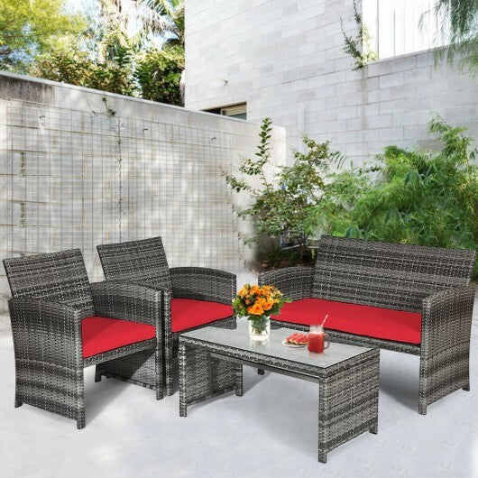 4 Pieces Patio Rattan Furniture Set with Cushions-Red - Color: Red