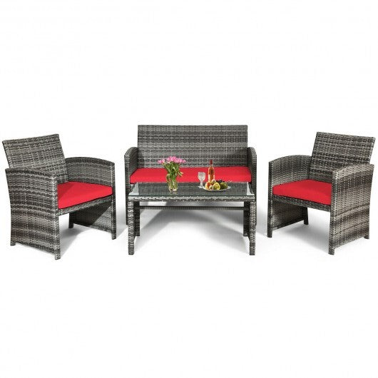 4 Pieces Patio Rattan Furniture Set with Cushions-Red - Color: Red