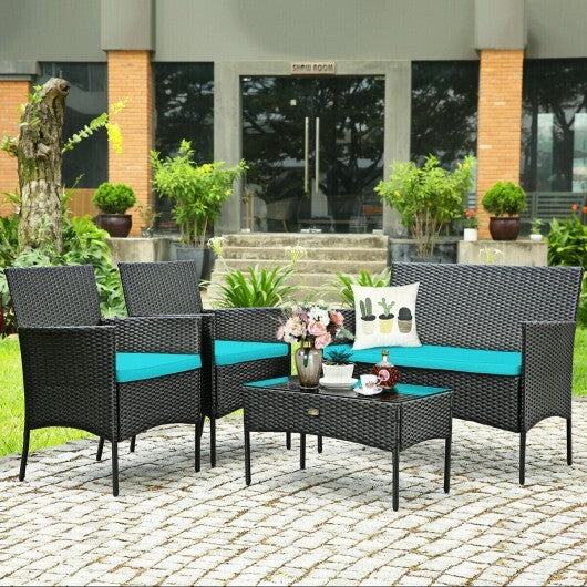 4 Pcs Patio Rattan Cushioned Sofa Furniture Set with Tempered Glass Coffee Table-Turquoise - Color: Turquoise