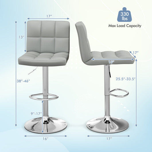 Set of 2 Square Swivel Adjustable Bar Stools with Back and Footrest-Gray - Color: Gray