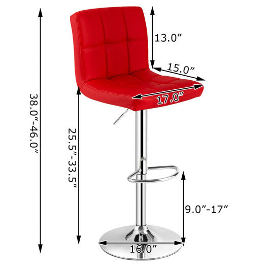 Set of 2 Square Swivel Adjustable PU Leather Bar Stools with Back and Footrest-Red - Color: Red