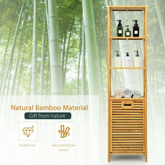 Bamboo Tower Hamper Organizer with 3-Tier Storage Shelves-Natural - Color: Natural