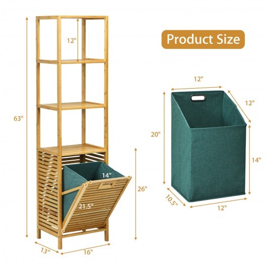 Bamboo Tower Hamper Organizer with 3-Tier Storage Shelves-Natural - Color: Natural