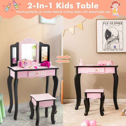 Kid Vanity Set with Tri-Folding Mirror and Leopard Print-Pink