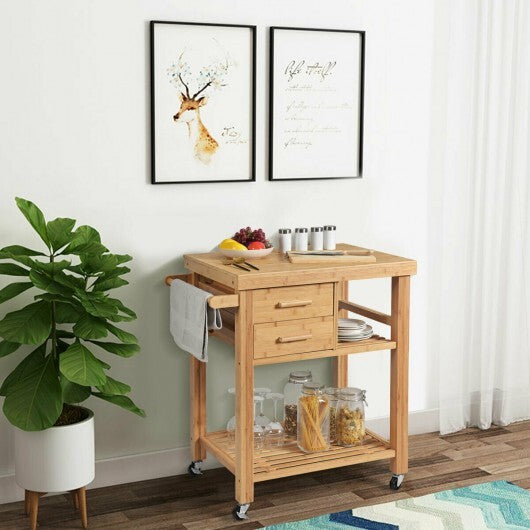 Bamboo Kitchen Trolley Cart with Tower Rack and Drawers - Color: Natural