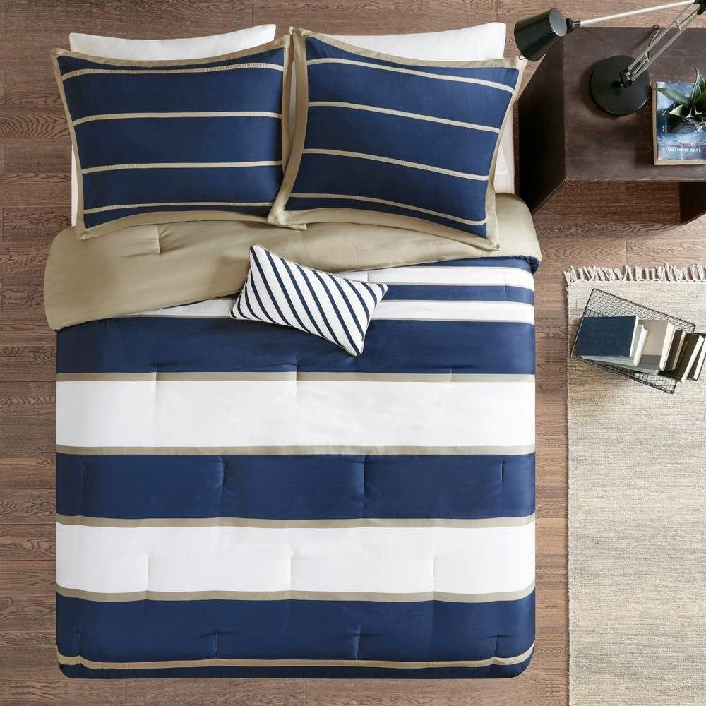 Full / Queen size Comforter Set in Navy Blue White Khaki Stripe