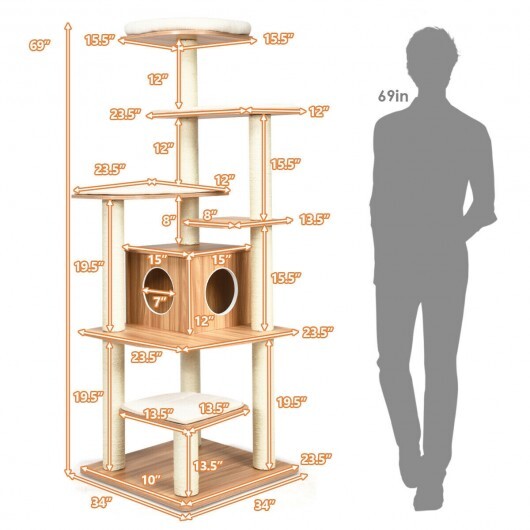 7-Layer Wooden Cat Tree Tall Cat Tower with Sisal Posts and Condo-Natural - Color: Natural
