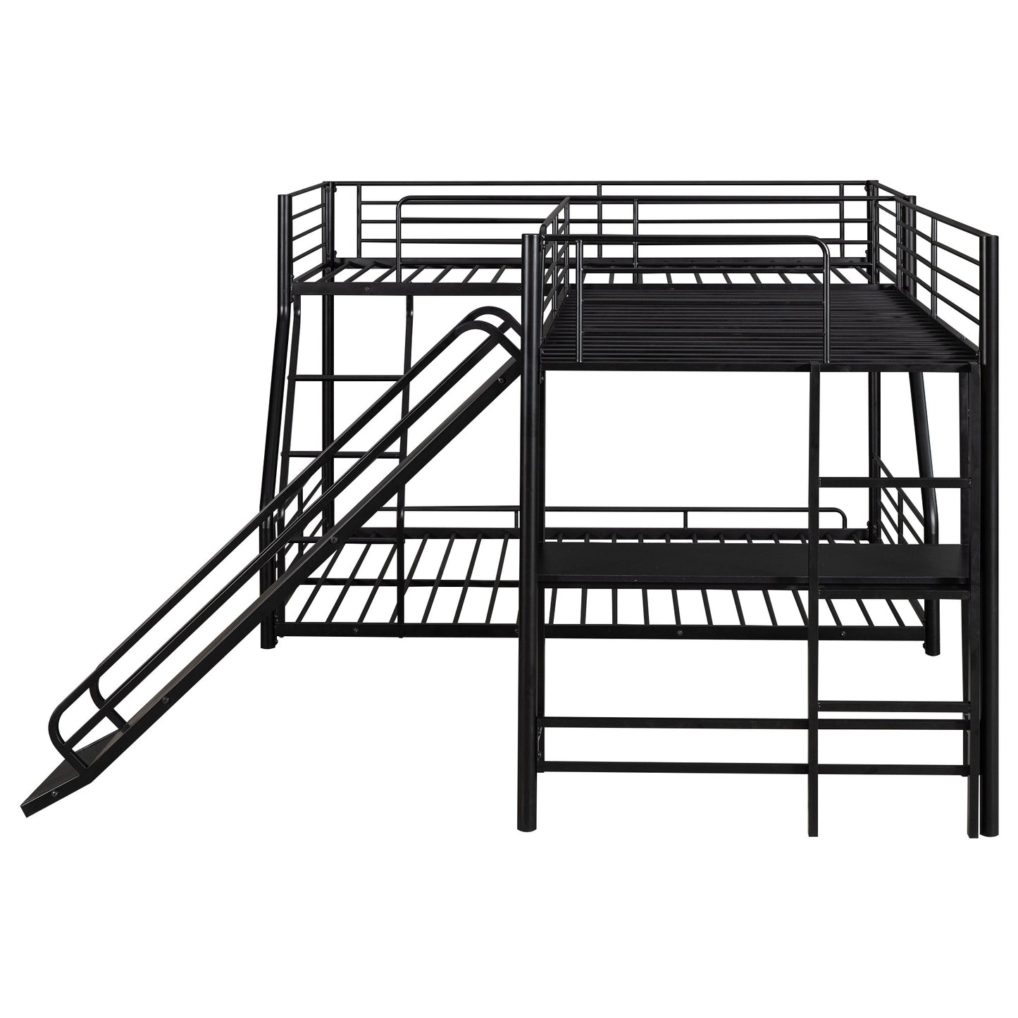L-Shaped Twin over Full Bunk Bed with Twin Size Loft Bed; Built-in Desk and Slide; Black