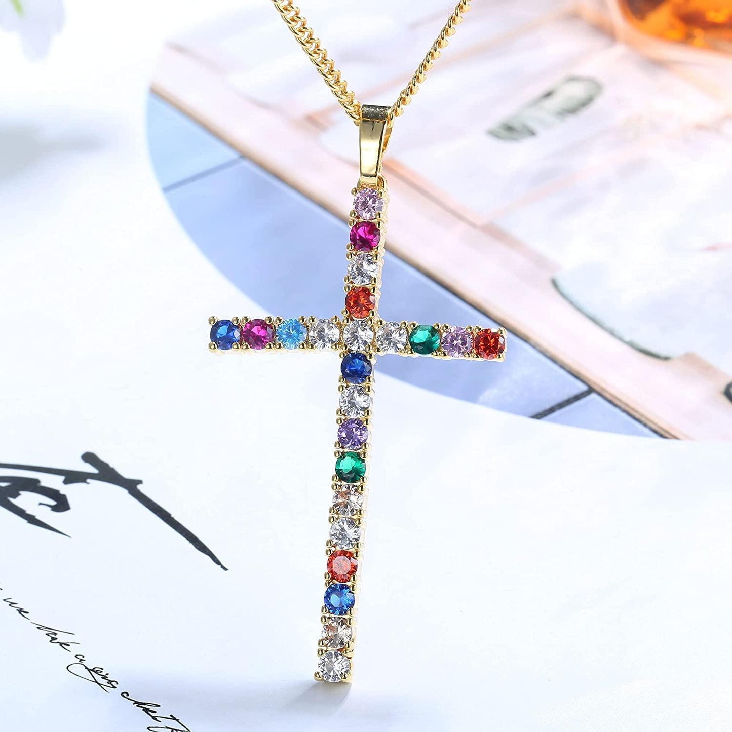 18K Gold Plated Cross Necklace for Women Virgin Mary Pendant Necklace Rainbow Cubic Zirconia Inlaid Catholic Christian Jewelry