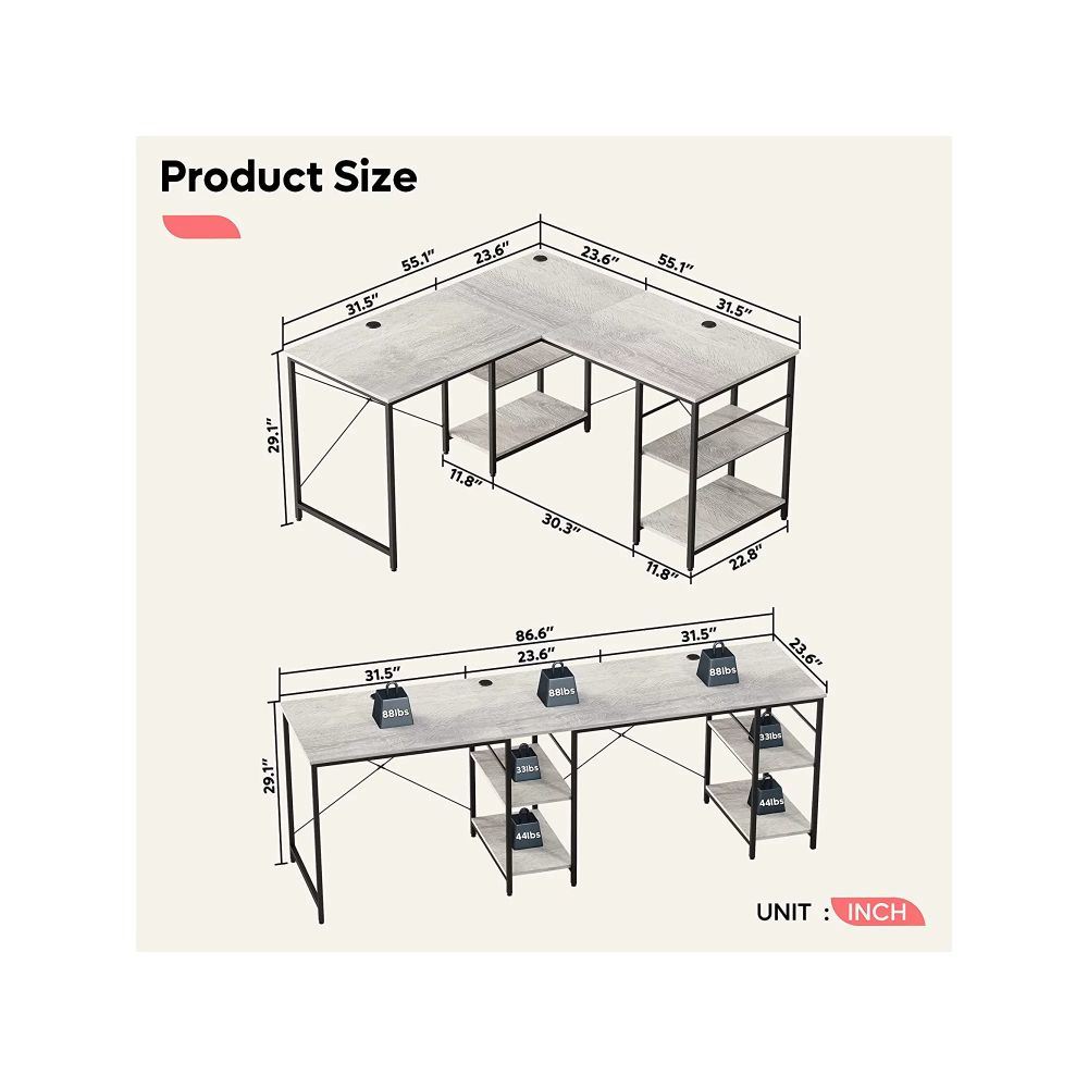 86.6 Inch L Shape Desk With Shelf 2 Persons Long Table Black
