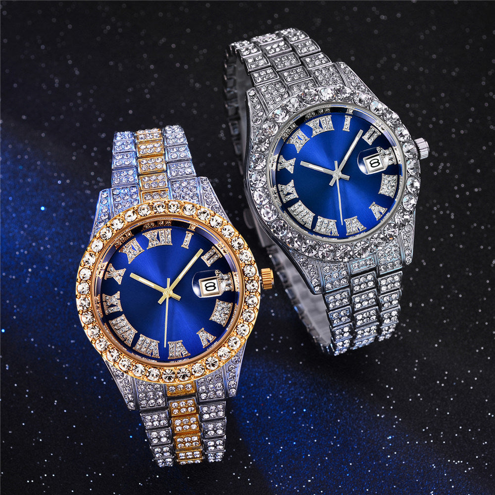 Full Diamond Roman Scale Steel Band Calendar Watch