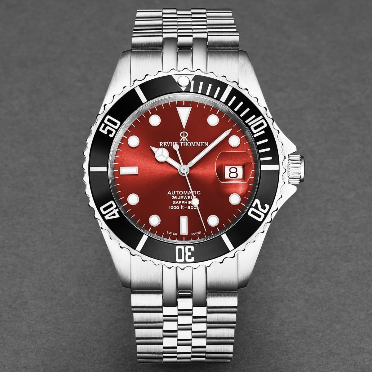 Revue Thommen Men's 'Diver' Red Dial Stainless Steel Bracelet Automatic Watch 17571.2238