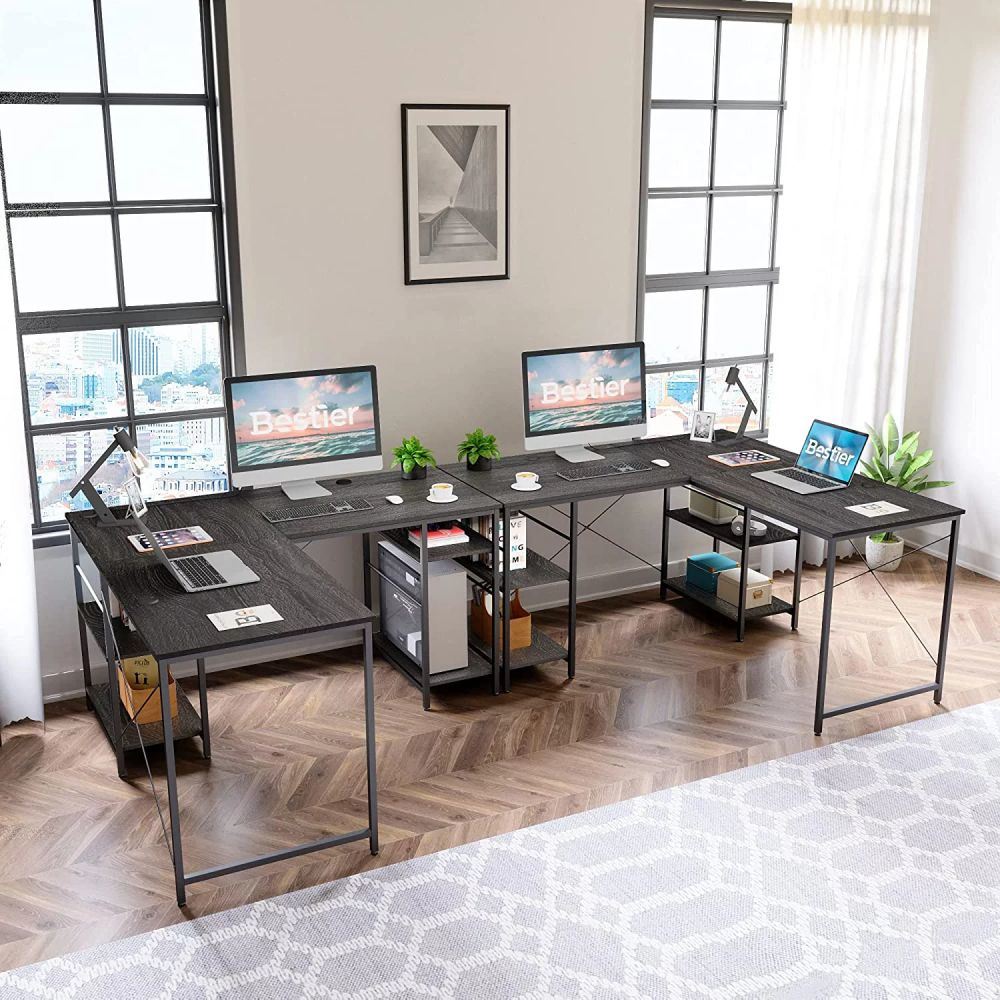 86.6 Inch L Shape Desk With Shelf 2 Persons Long Table Black