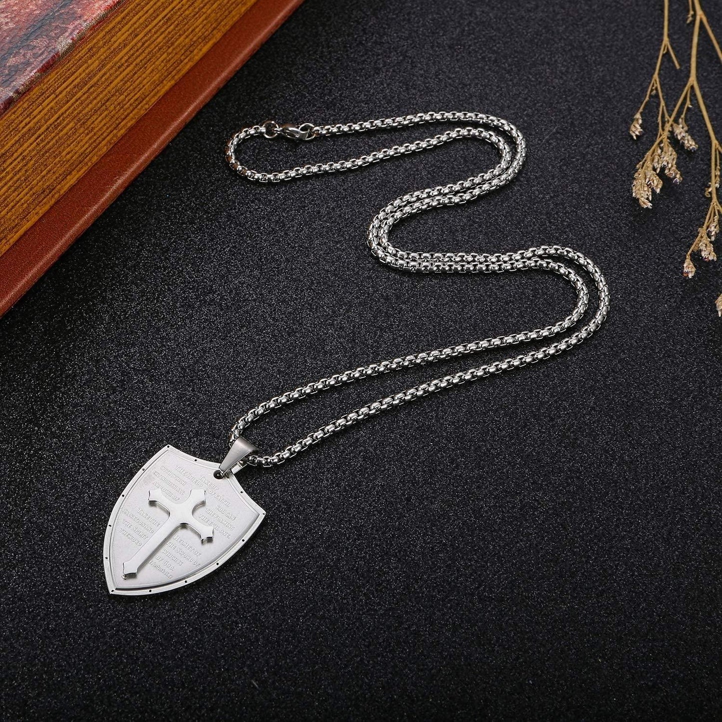 Cross Necklace for Men Shield Armor of God Ephesians 6:16-17; Stainless Steel Faith Pendant Necklace Christian Jewelry